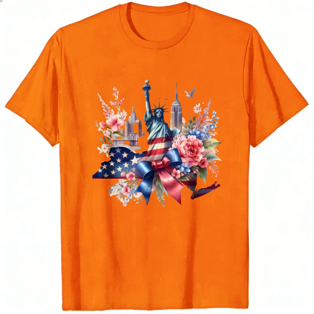 Patriotic Floral Design Classic T-Shirt Statue Of Liberty And American Flag With Flowers And Cityscape