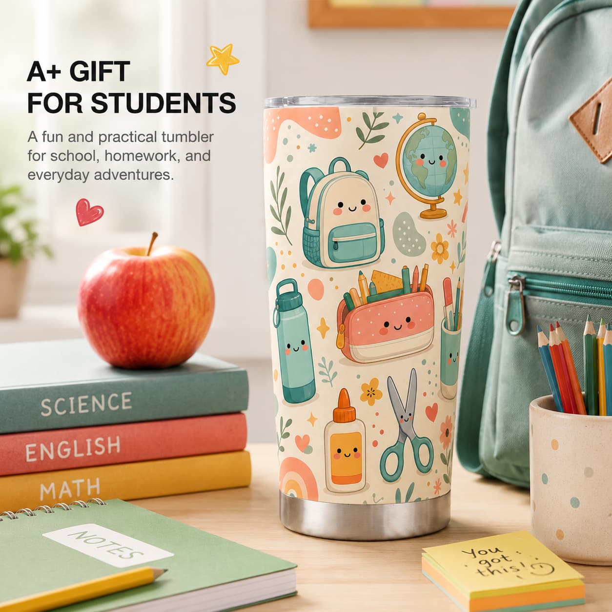 Cute Back-to-School Stainless Steel Tumbler with Lid, Kawaii School Supplies Print