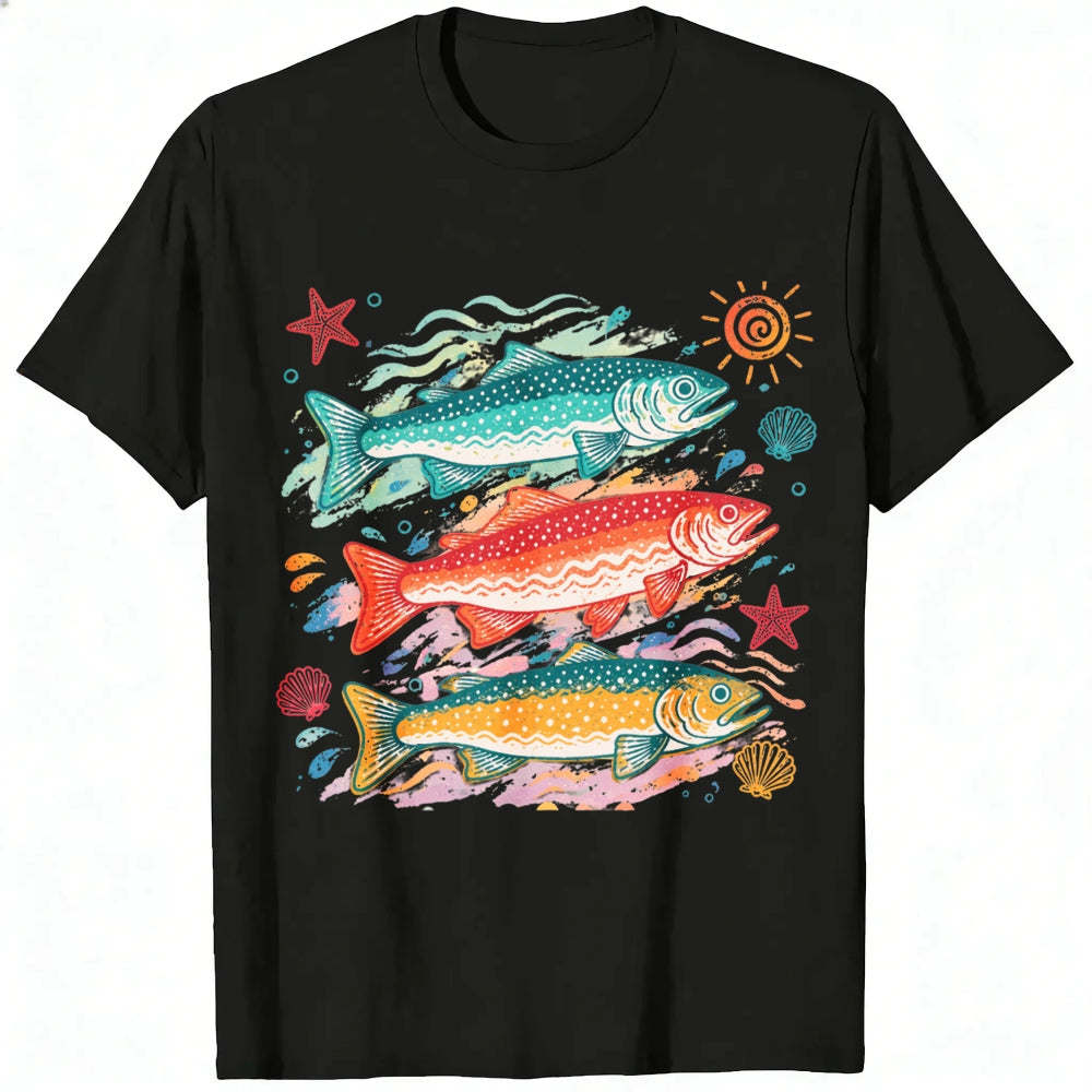 Vintage Style Classic T-Shirt Colorful Trout Fish And Sea Stars Ocean Art