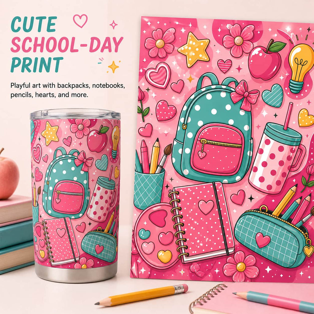Kawaii Pink Back-to-School Stainless Steel Tumbler with Lid, Backpack & Heart Print