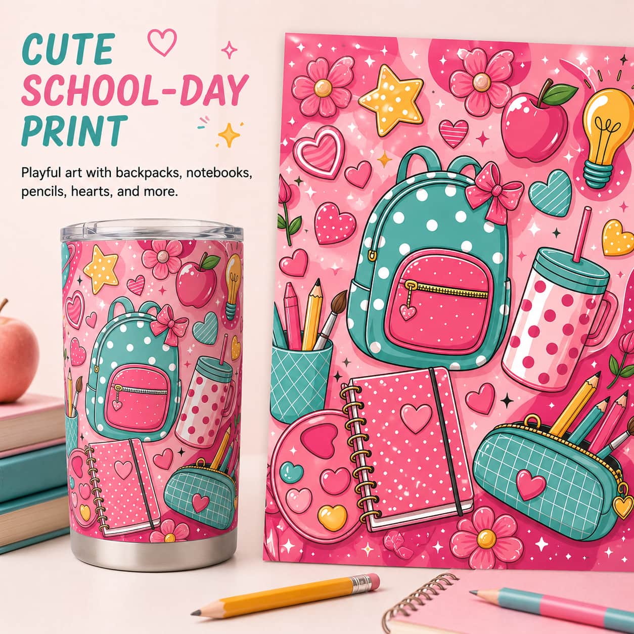 Kawaii Pink Back-to-School Stainless Steel Tumbler with Lid, Backpack & Heart Print