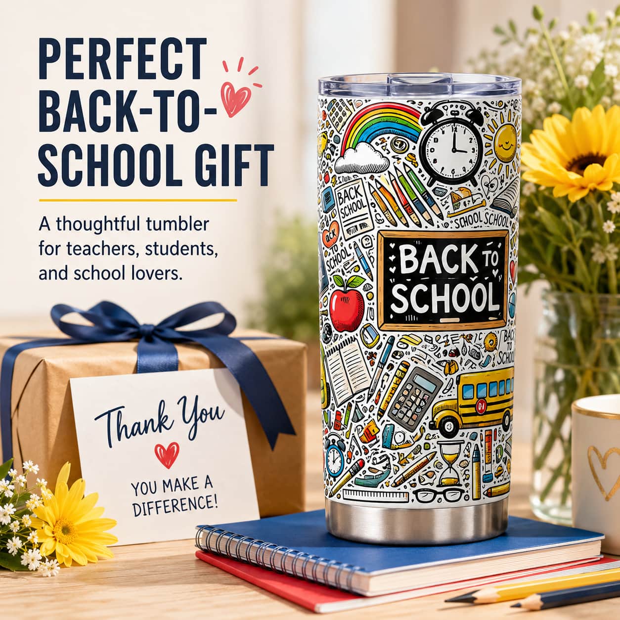 Back-to-School Doodle Tumbler, Insulated Stainless Steel Travel Cup for Teachers & Students