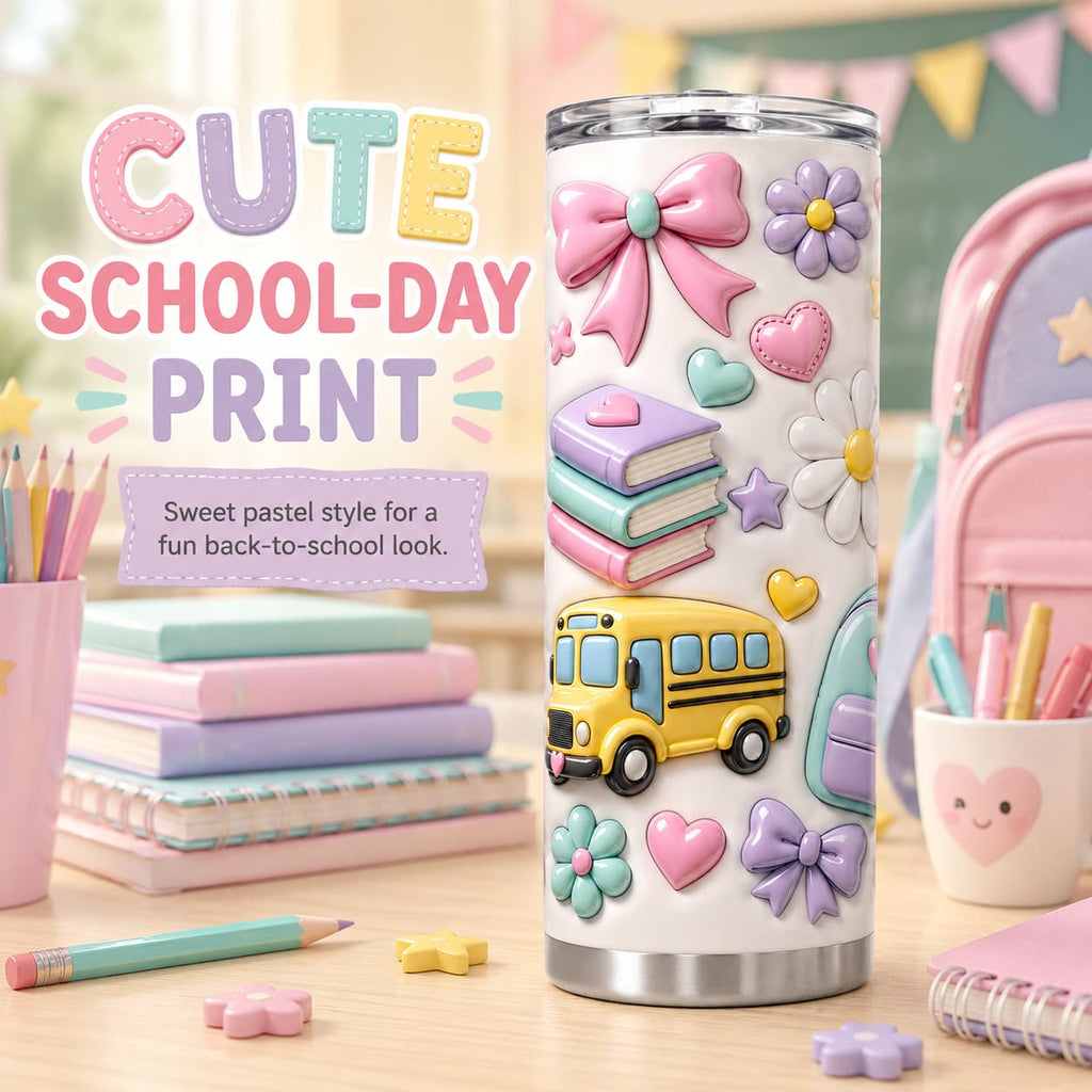 Pastel Back-to-School Stainless Steel Tumbler with Lid, Bow, Rainbow & School Bus Print
