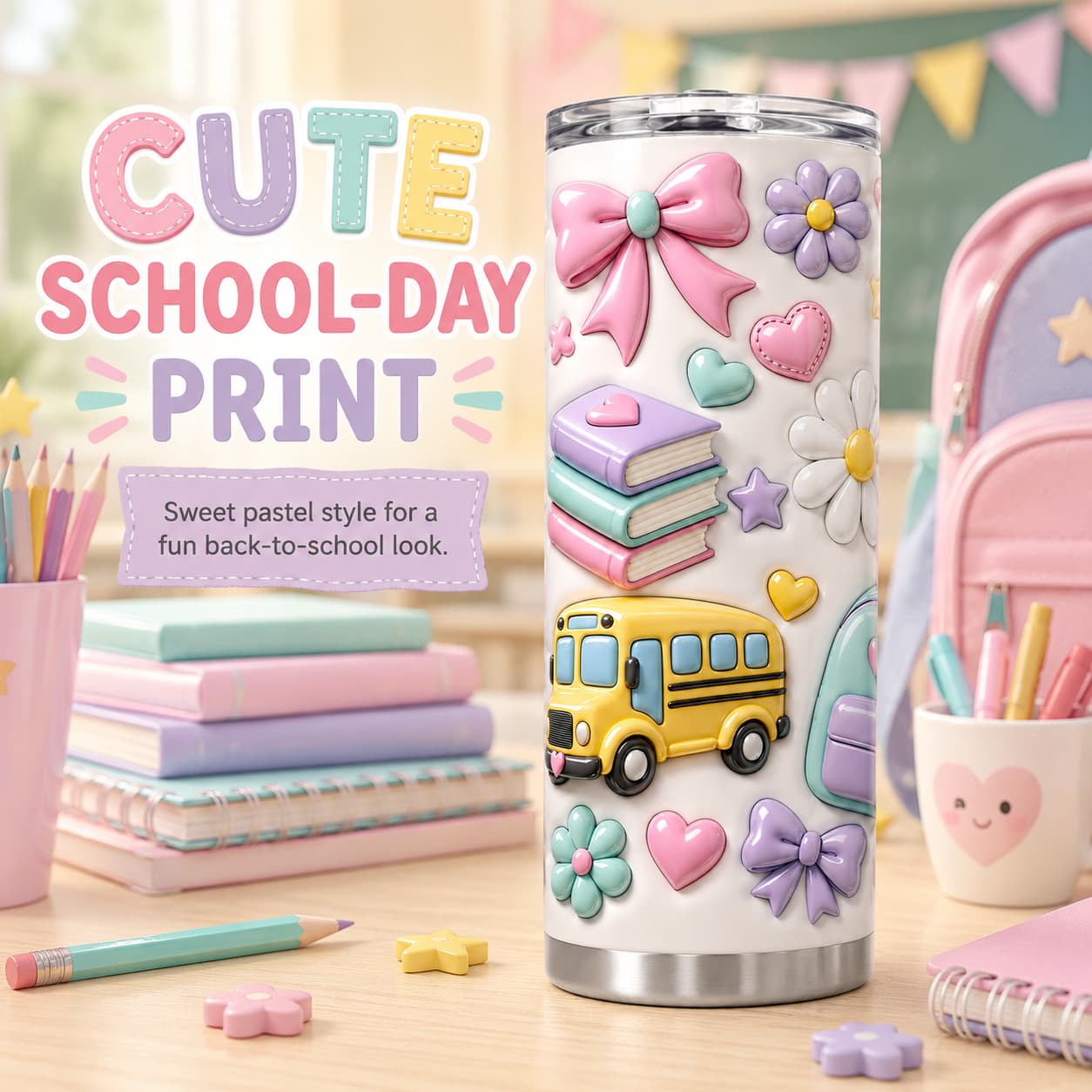 Pastel Back-to-School Stainless Steel Tumbler with Lid, Bow, Rainbow & School Bus Print