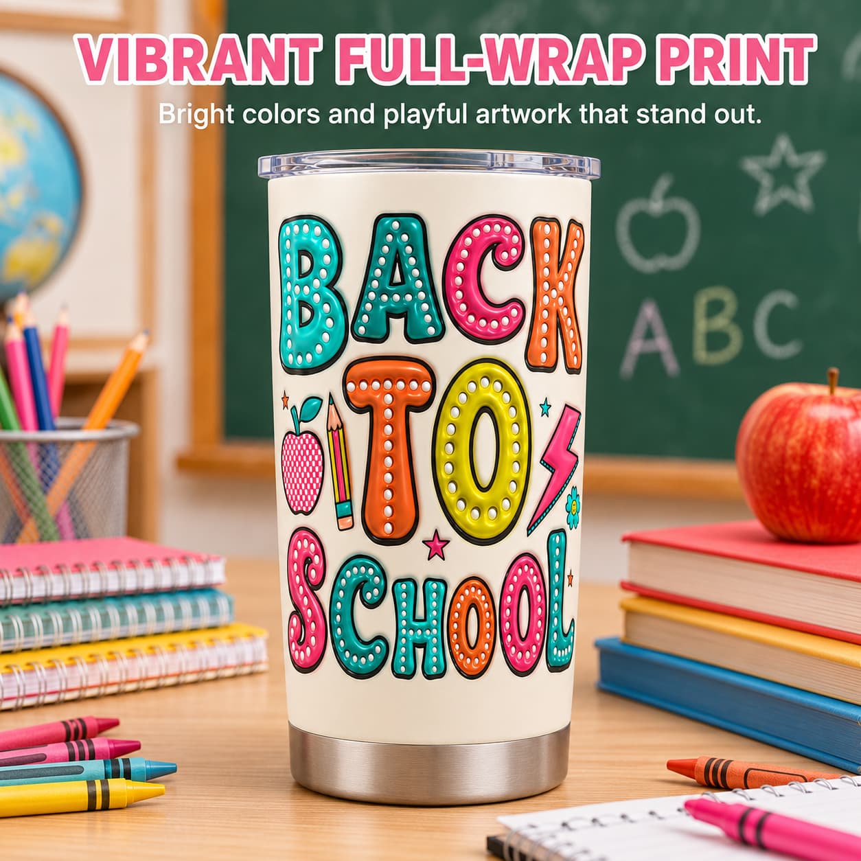 Kids Back-to-School Stainless Steel Tumbler with Colorful Marquee Letter Print