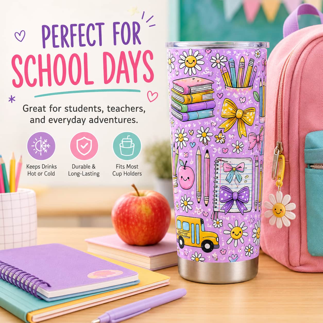 Kids Back-to-School Stainless Steel Tumbler with Daisies, Bows & School Bus Print