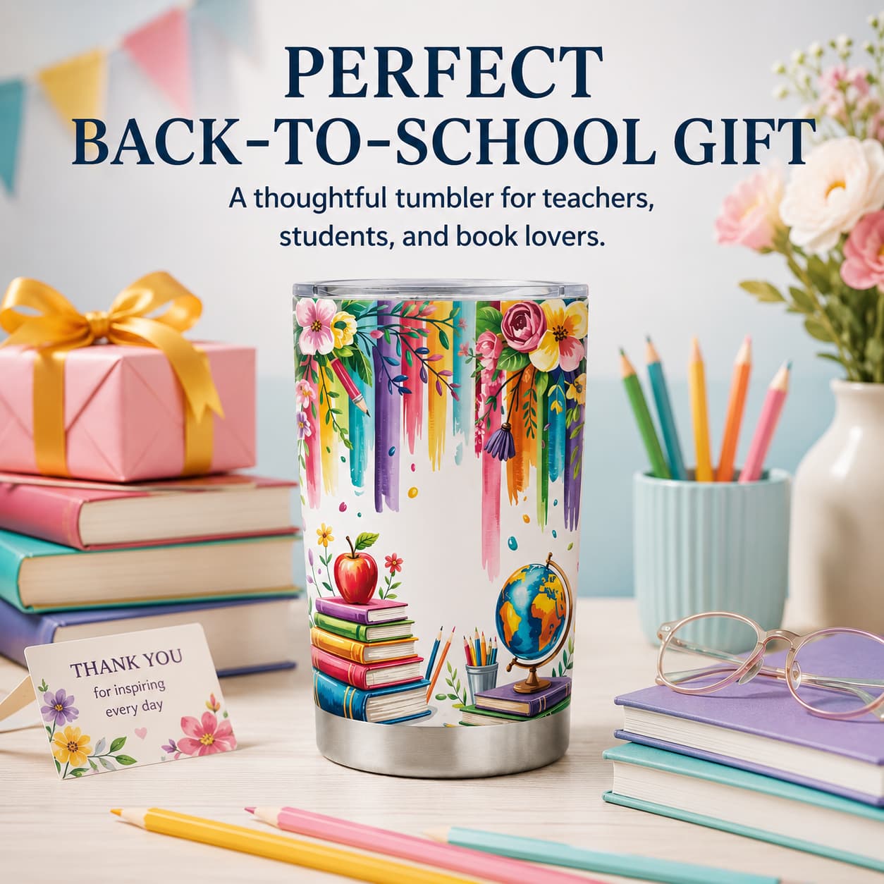 Watercolor Floral Back-to-School Tumbler, Insulated Stainless Steel Teacher Travel Cup