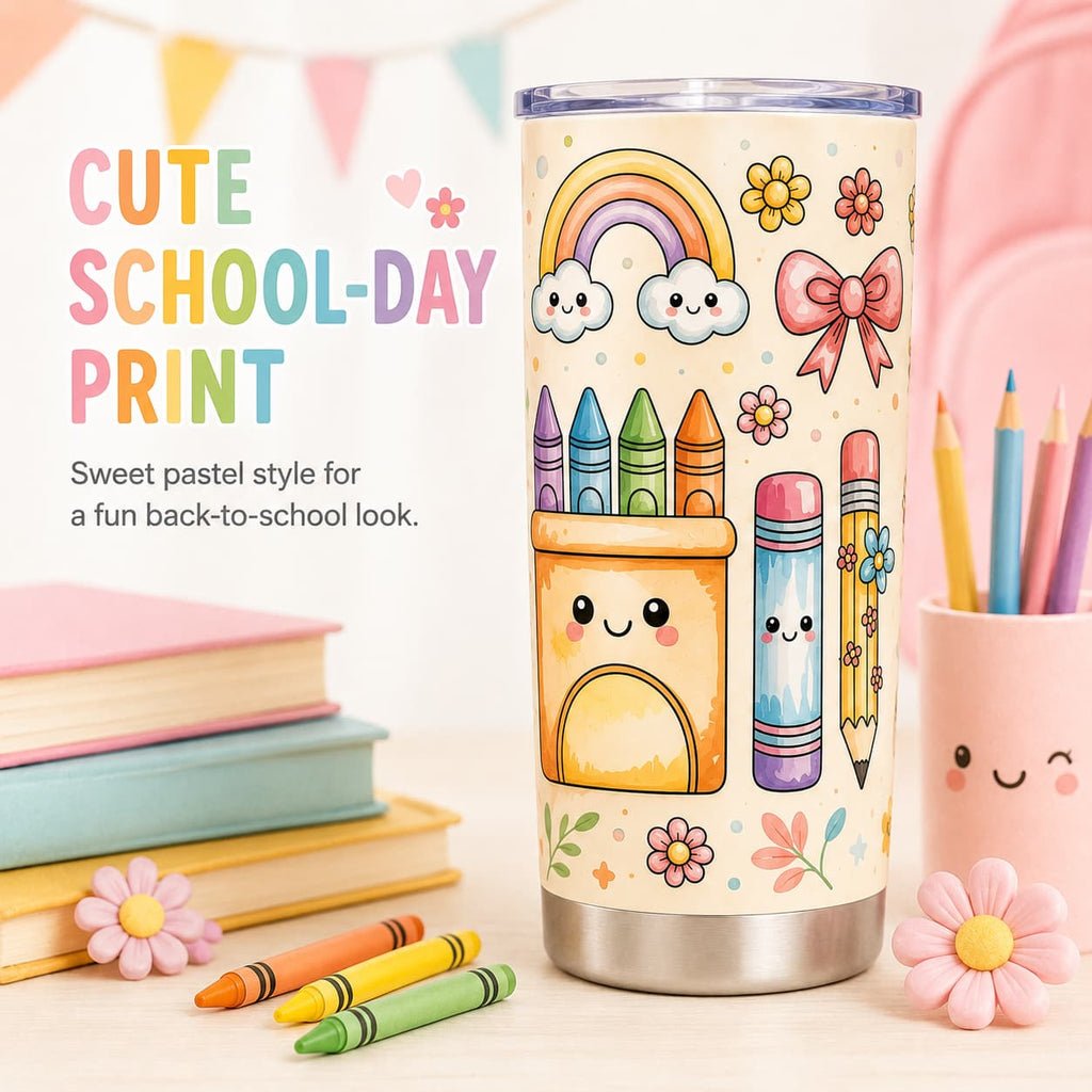 Cute Pastel Back-to-School Stainless Steel Tumbler with Lid, Rainbow & School Supplies Print