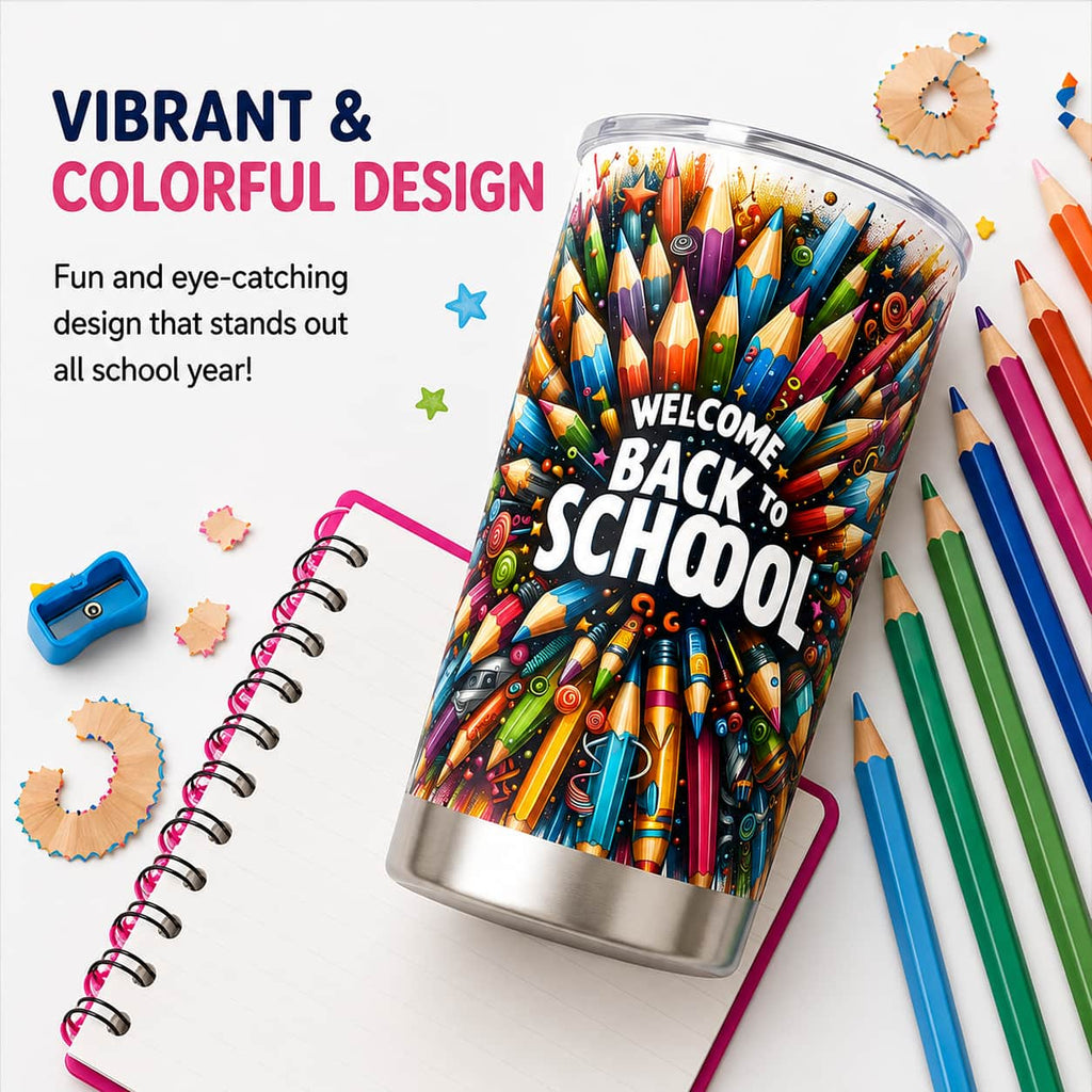 Welcome Back to School Stainless Steel Tumbler with Lid, Colorful Pencil Print