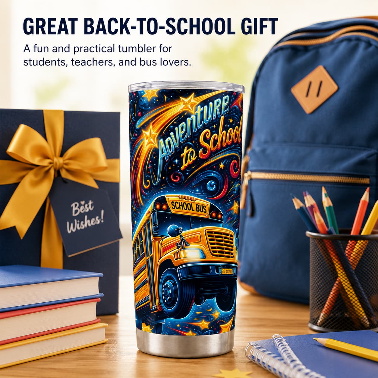 School Bus Galaxy Stainless Steel Tumbler, Back-to-School Insulated Travel Cup