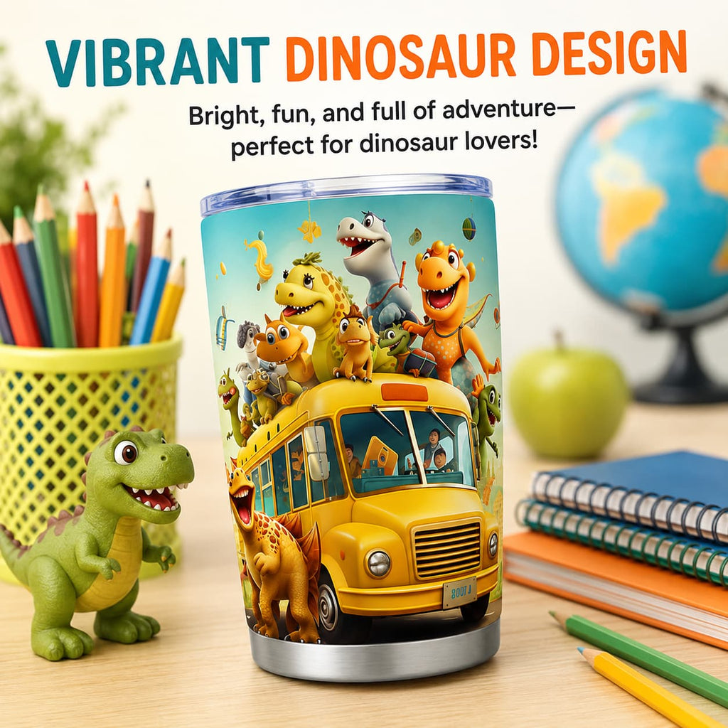 Dinosaur School Bus Stainless Steel Tumbler with Lid, Kids Back-to-School Cup