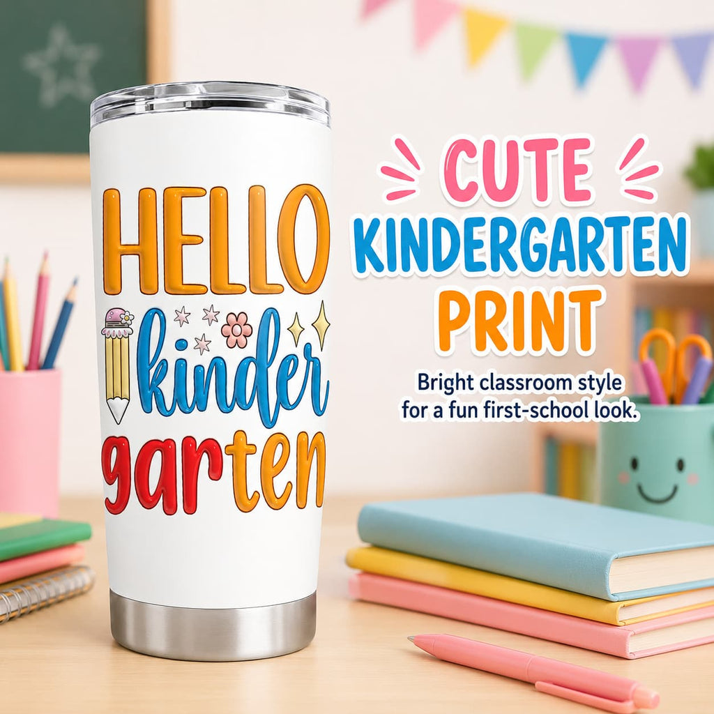 Hello Kindergarten 20 oz Stainless Steel Tumbler with Lid, Pencil & Floral School Print
