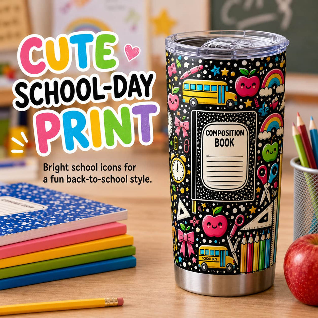 Colorful Back-to-School Stainless Steel Tumbler with Lid, Composition Book & School Supplies Print