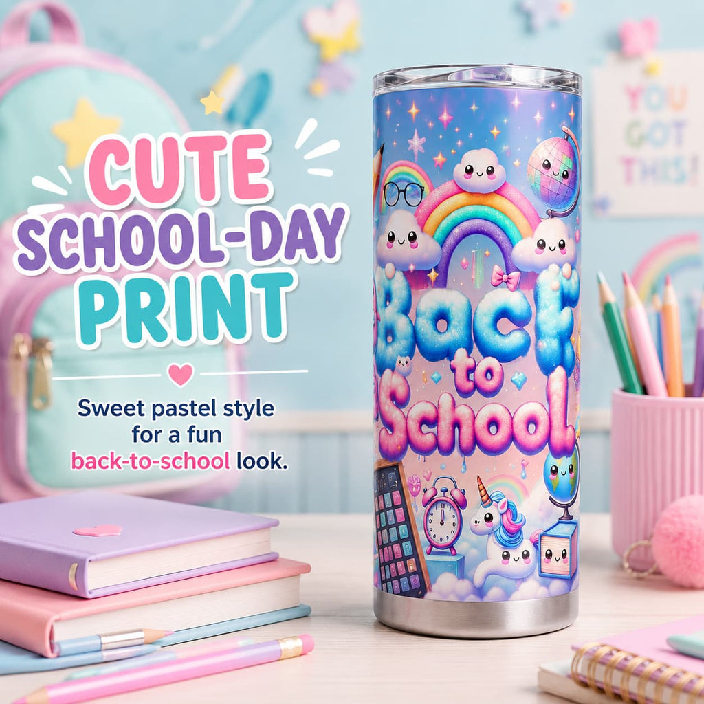 Kawaii Back-to-School Stainless Steel Tumbler with Lid, Rainbow Cloud & School Supplies Print