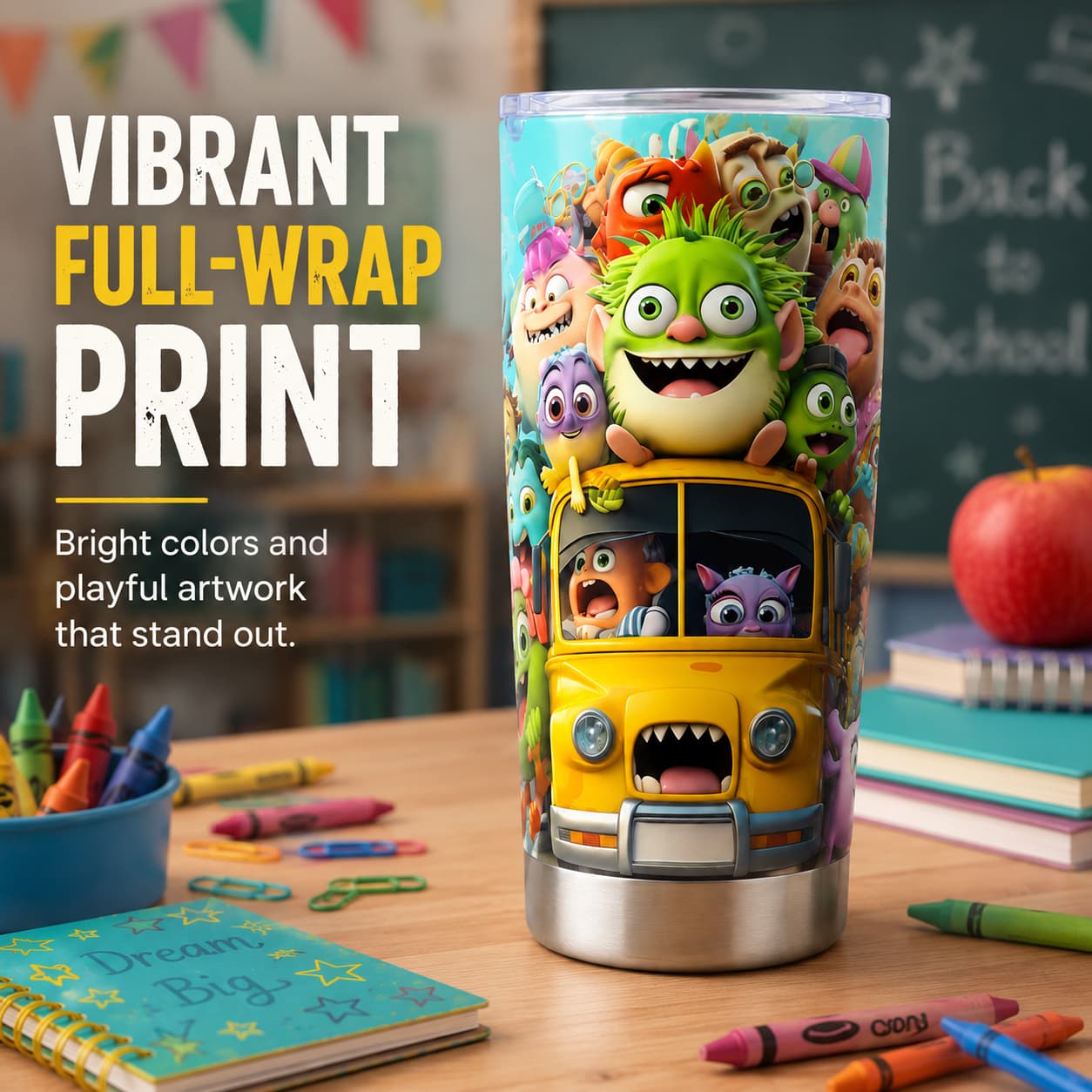 Kids Stainless Steel Tumbler with Colorful Monster School Bus Print, Back-to-School Cup