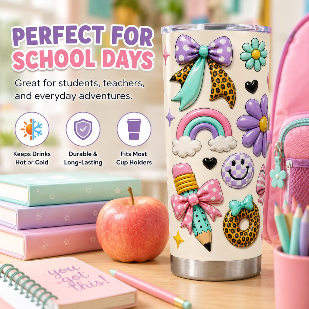 Kids Back-to-School Stainless Steel Tumbler with Bows, Rainbow & School Bus Print