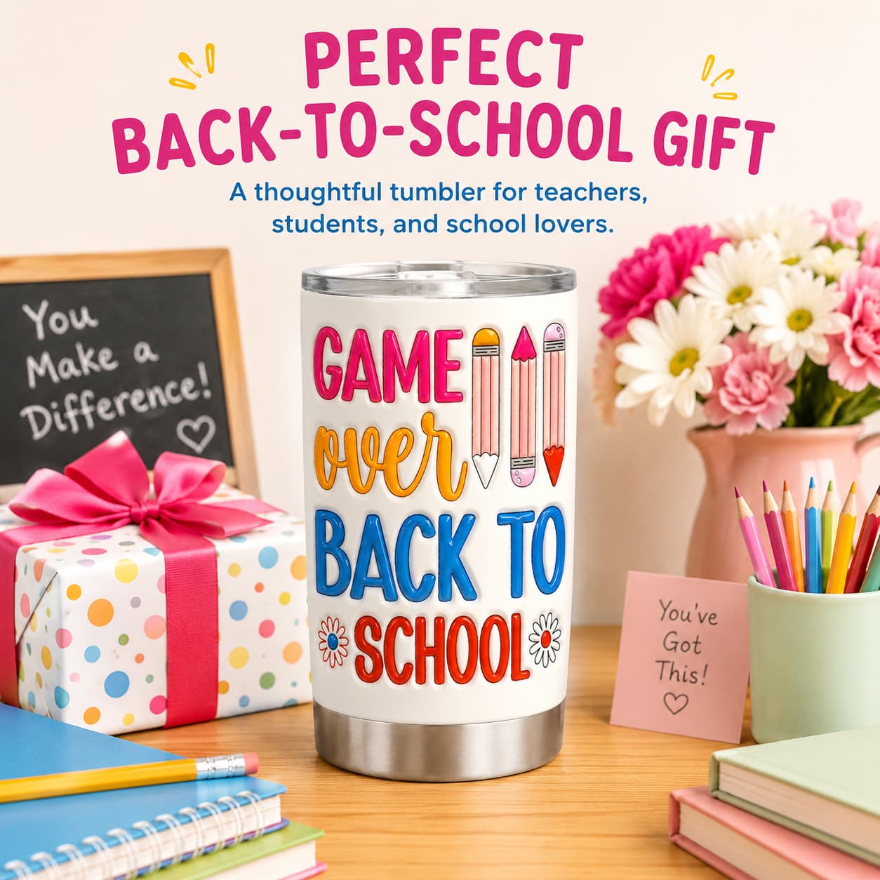 Game Over Back-to-School Tumbler, Insulated Stainless Steel Travel Cup for Teachers & Students