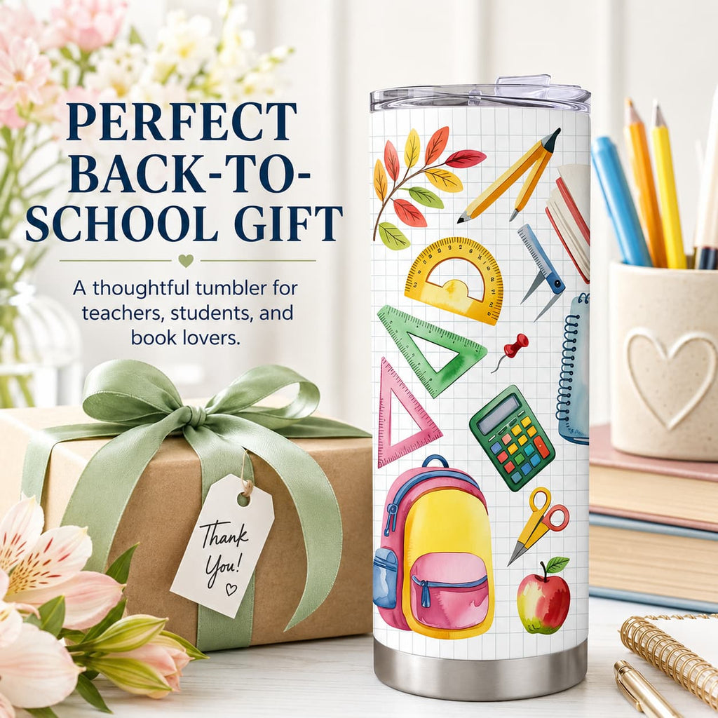 Watercolor School Supplies Tumbler, Insulated Stainless Steel Back-to-School Travel Cup