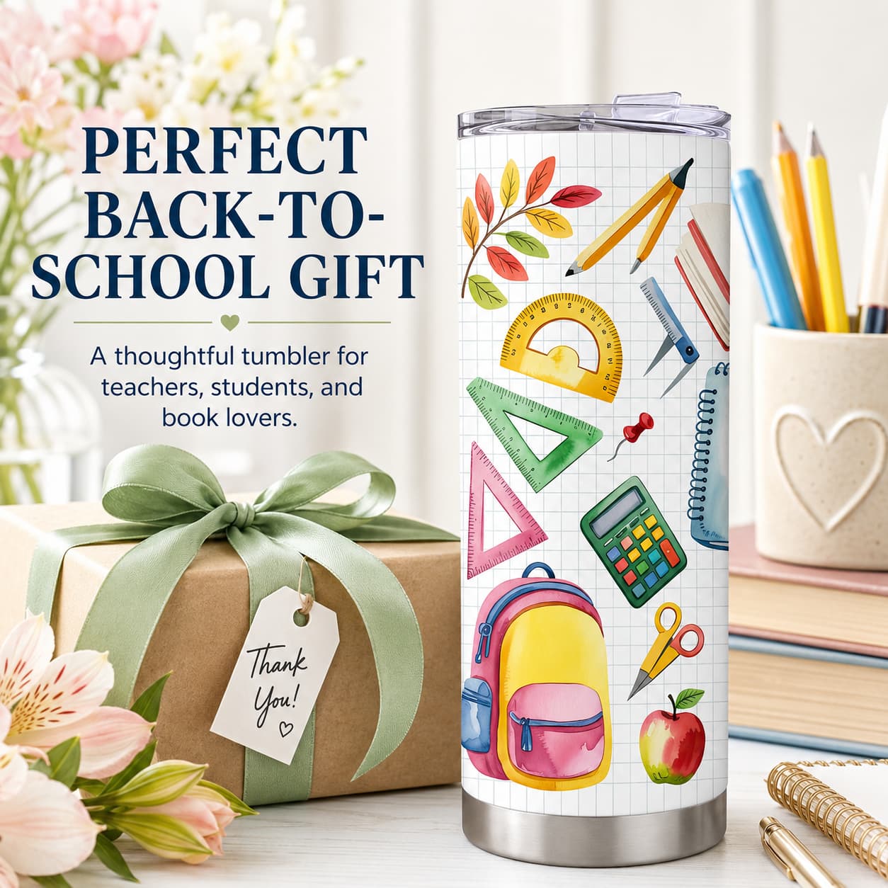 Watercolor School Supplies Tumbler, Insulated Stainless Steel Back-to-School Travel Cup