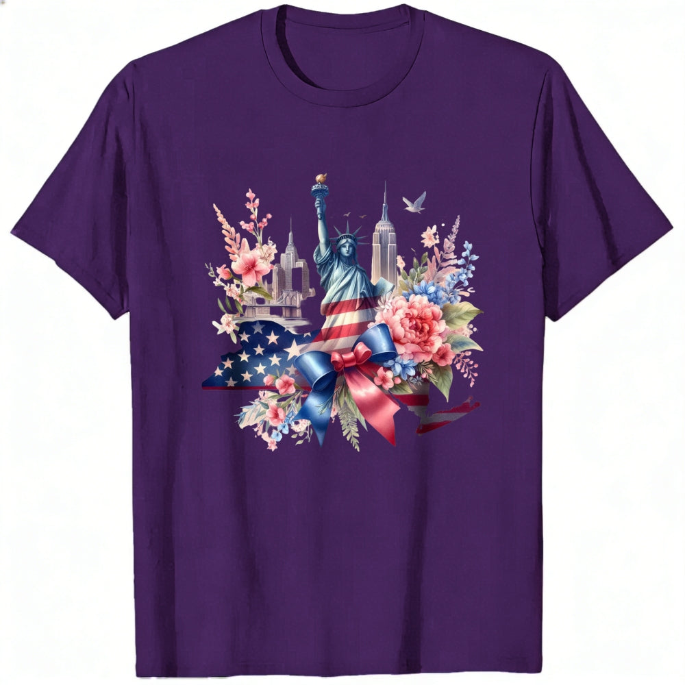 Patriotic Floral Design Classic T-Shirt Statue Of Liberty And American Flag With Flowers And Cityscape