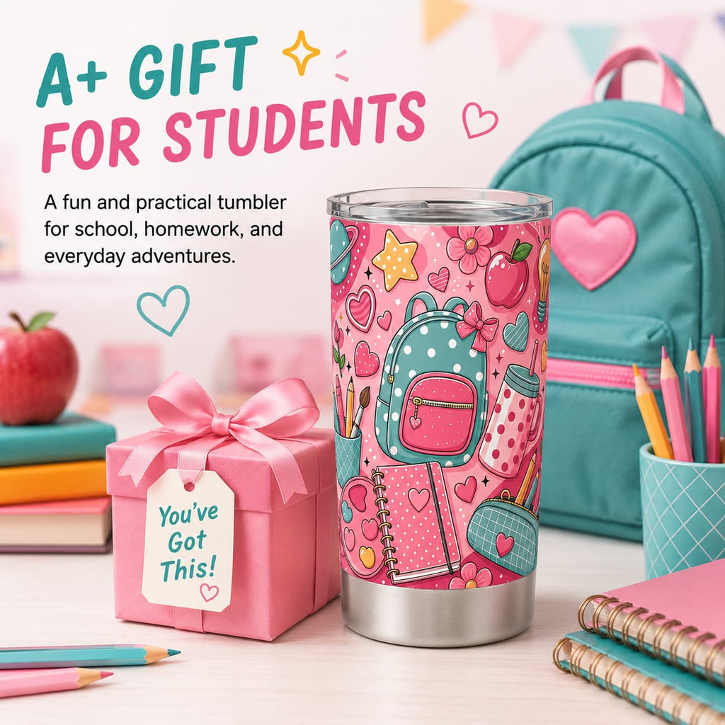 Kawaii Pink Back-to-School Stainless Steel Tumbler with Lid, Backpack & Heart Print