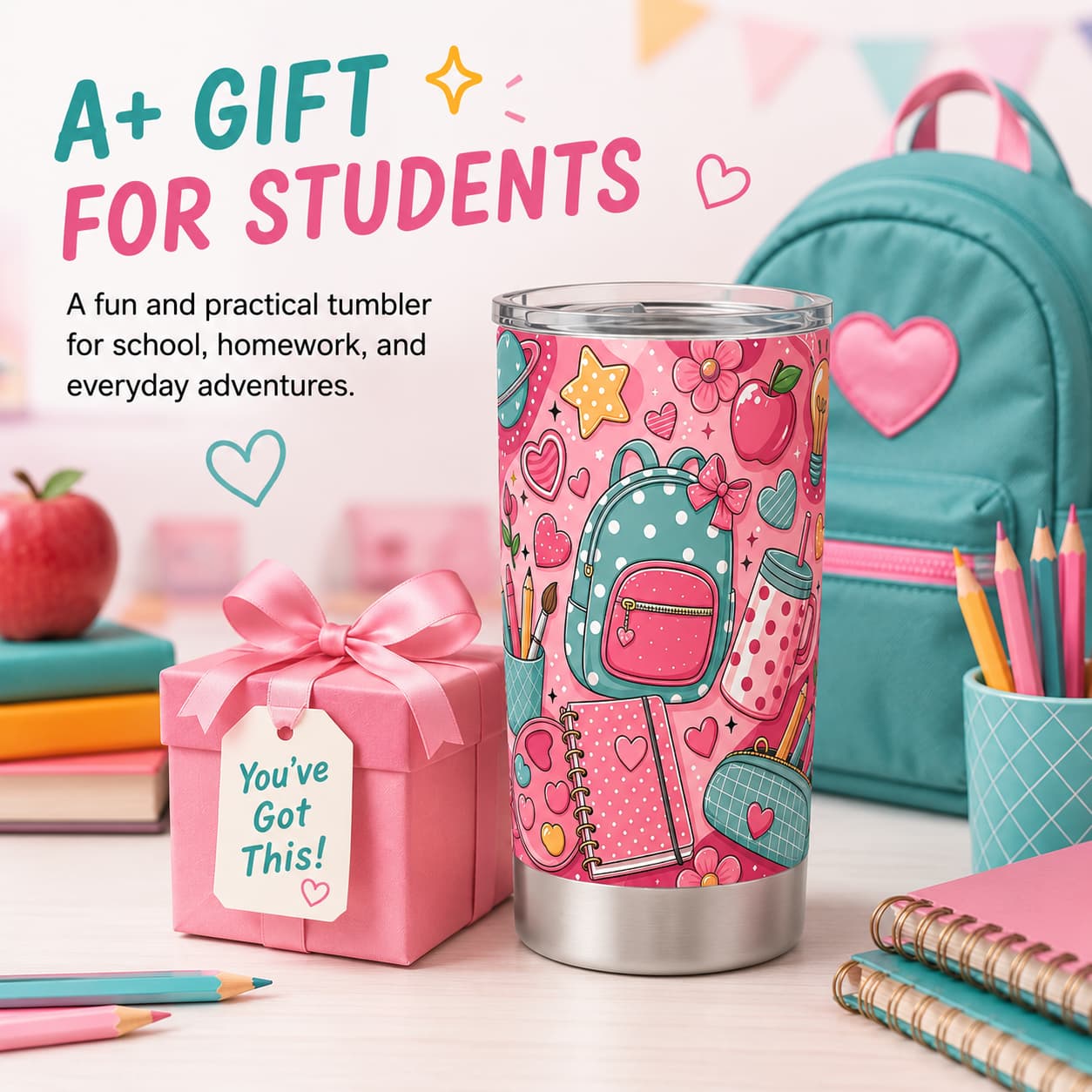 Kawaii Pink Back-to-School Stainless Steel Tumbler with Lid, Backpack & Heart Print