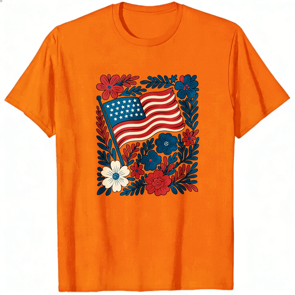 Patriotic Floral Design Classic T-Shirt American Flag And Flowers