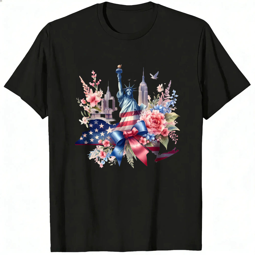 Patriotic Floral Design Classic T-Shirt Statue Of Liberty And American Flag With Flowers And Cityscape