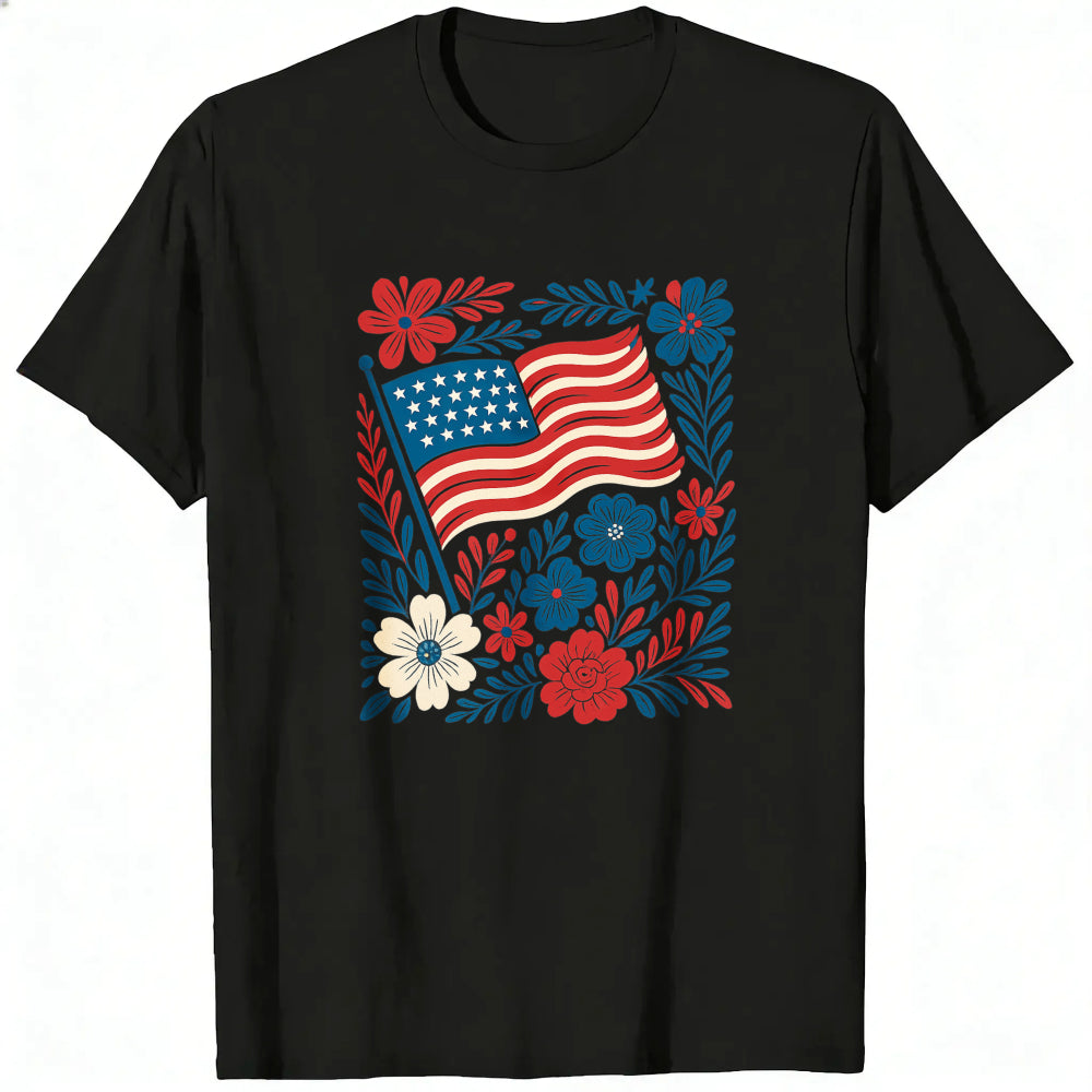 Patriotic Floral Design Classic T-Shirt American Flag And Flowers