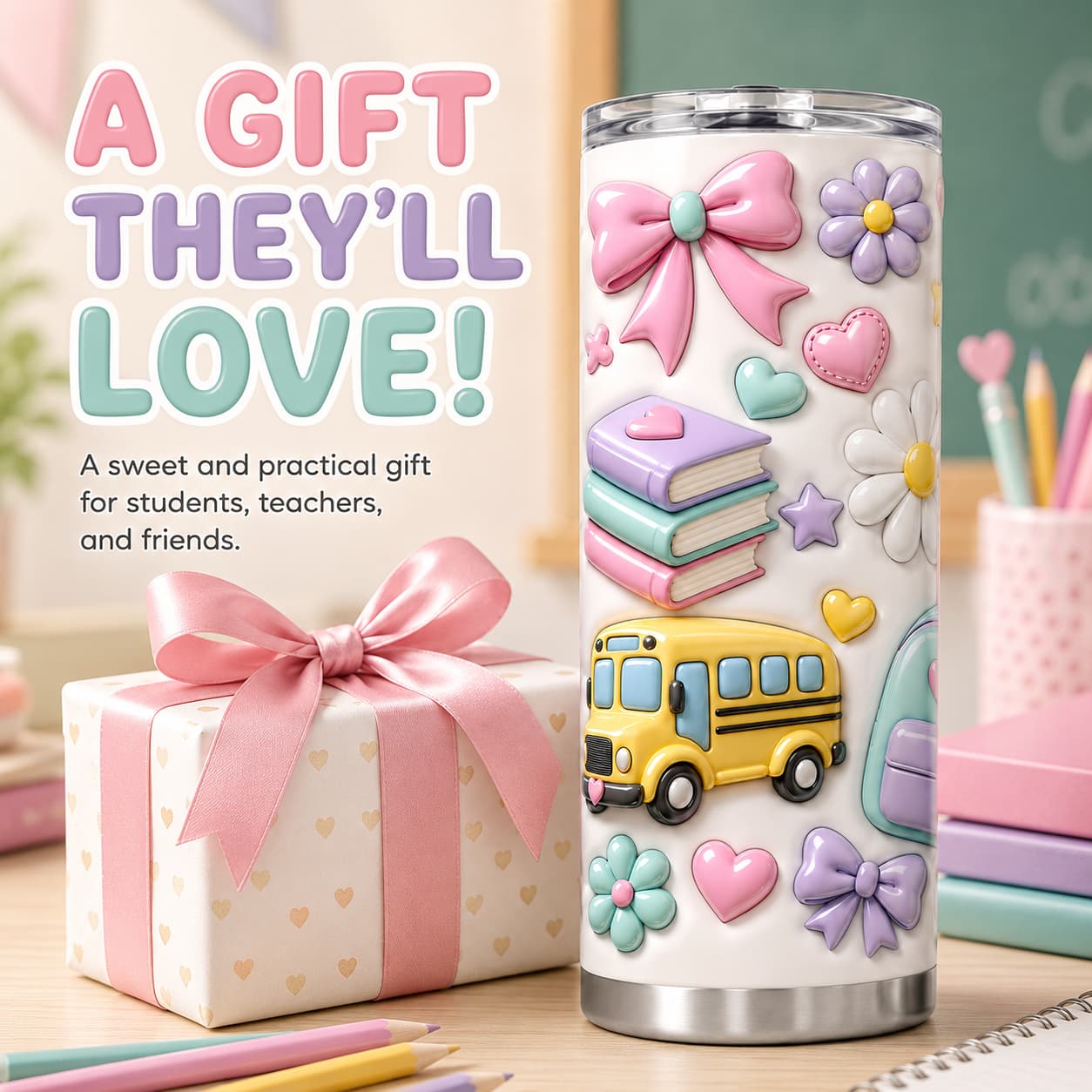 Pastel Back-to-School Stainless Steel Tumbler with Lid, Bow, Rainbow & School Bus Print