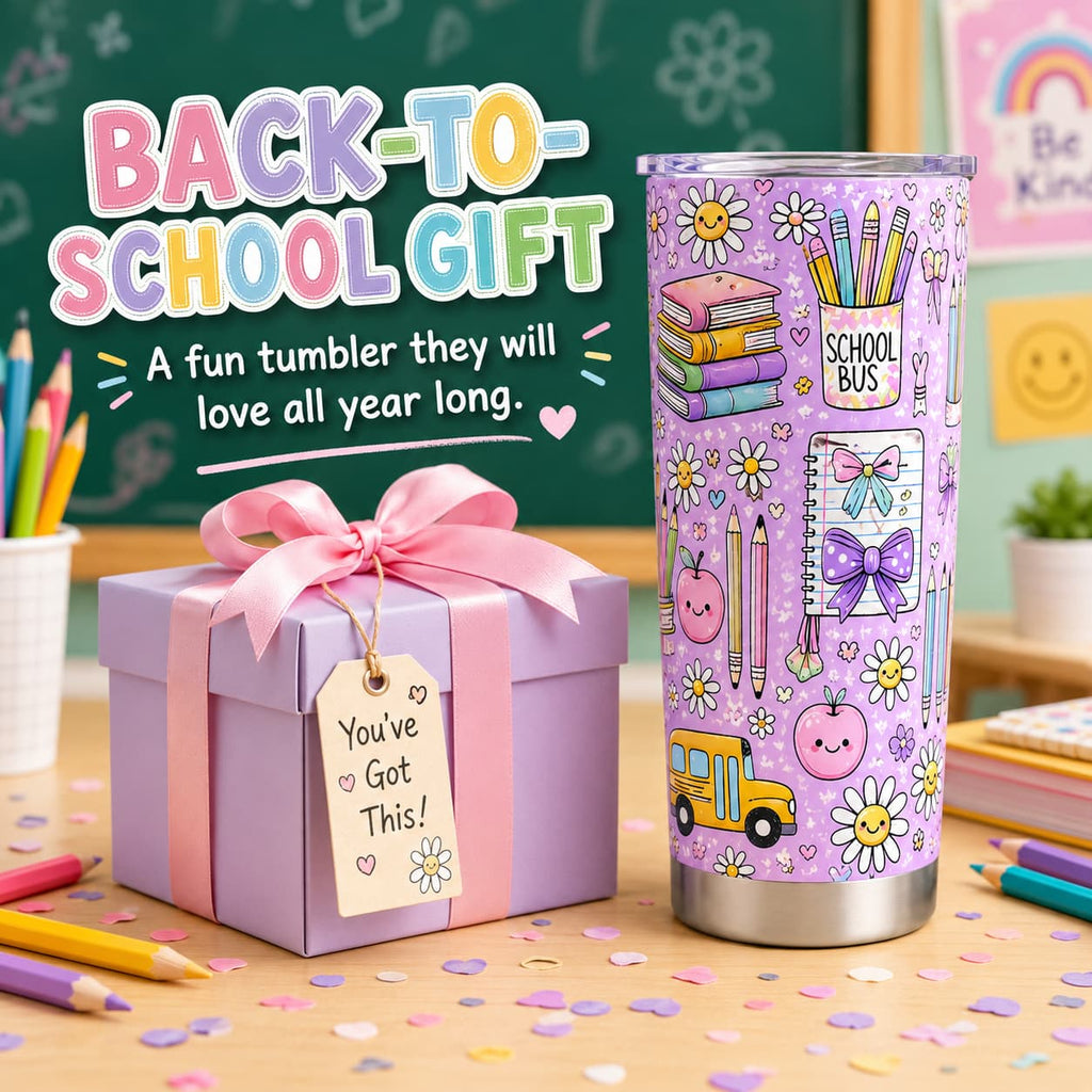 Kids Back-to-School Stainless Steel Tumbler with Daisies, Bows & School Bus Print
