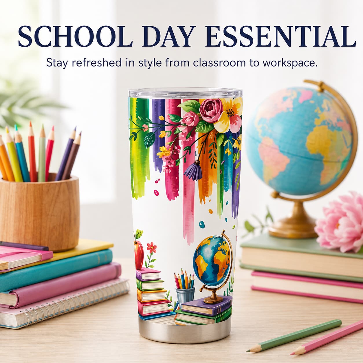 Watercolor Floral Back-to-School Tumbler, Insulated Stainless Steel Teacher Travel Cup