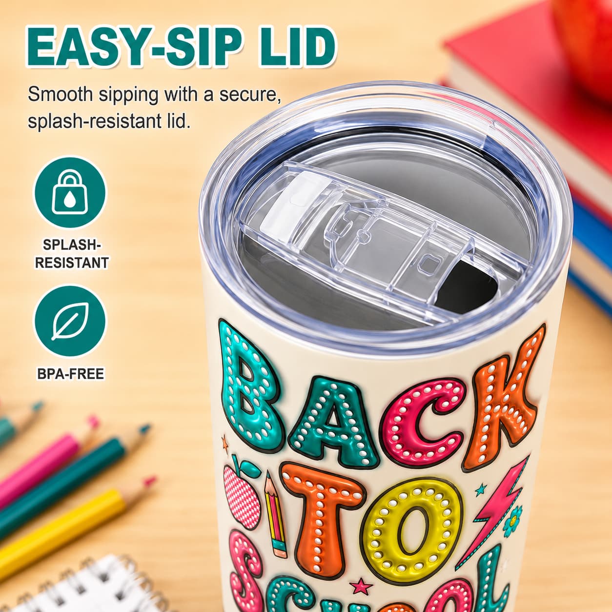 Kids Back-to-School Stainless Steel Tumbler with Colorful Marquee Letter Print