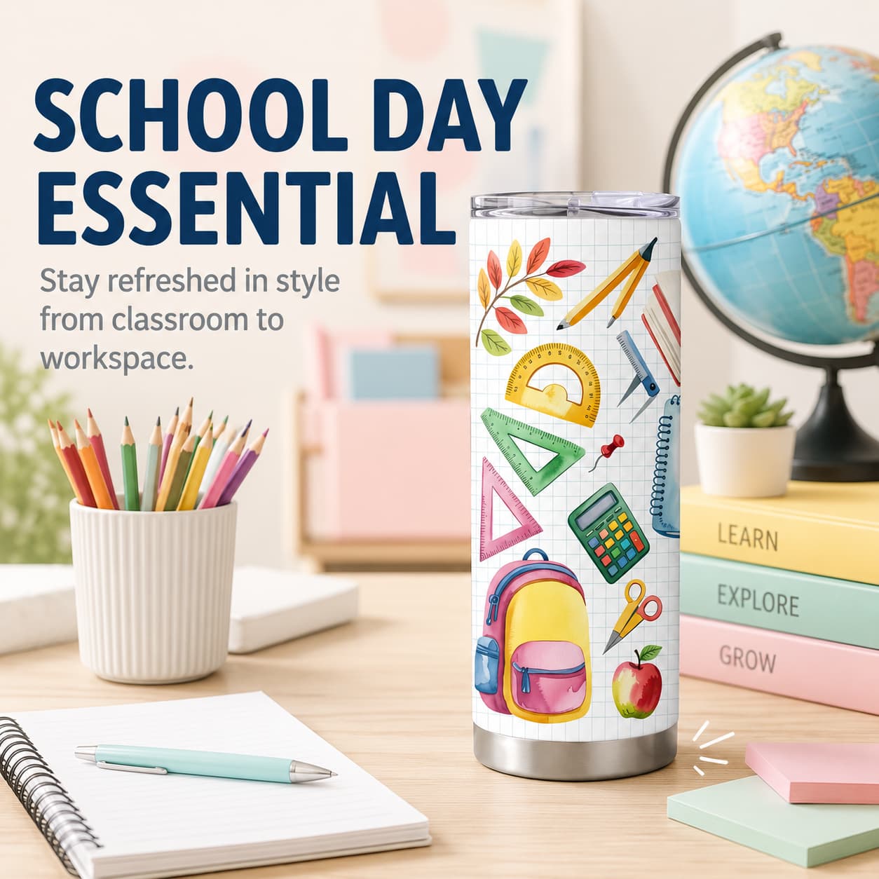 Watercolor School Supplies Tumbler, Insulated Stainless Steel Back-to-School Travel Cup