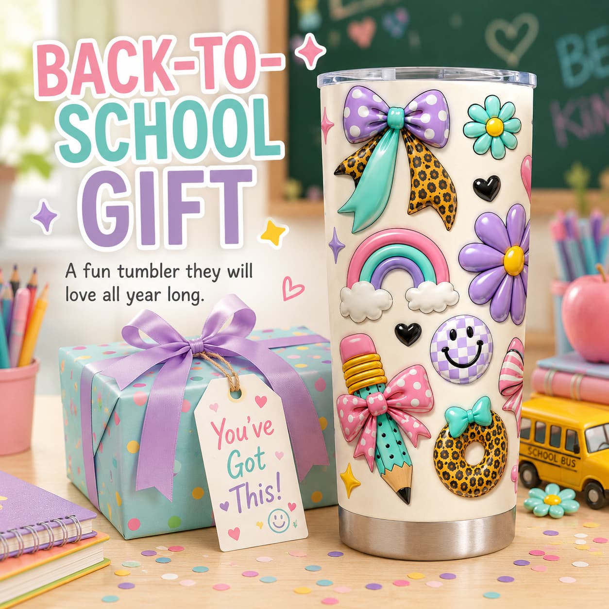 Kids Back-to-School Stainless Steel Tumbler with Bows, Rainbow & School Bus Print