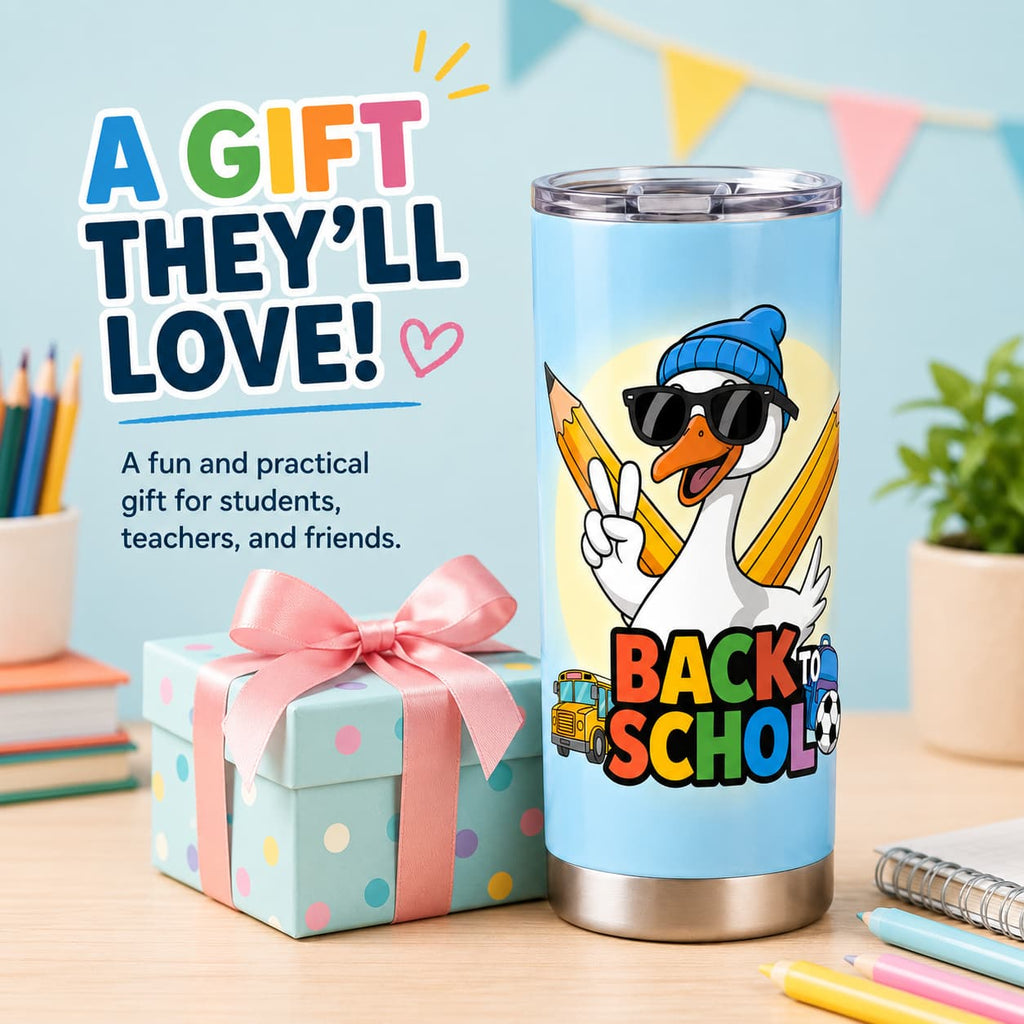Cool Goose Back-to-School Stainless Steel Tumbler with Lid, Colorful School Print