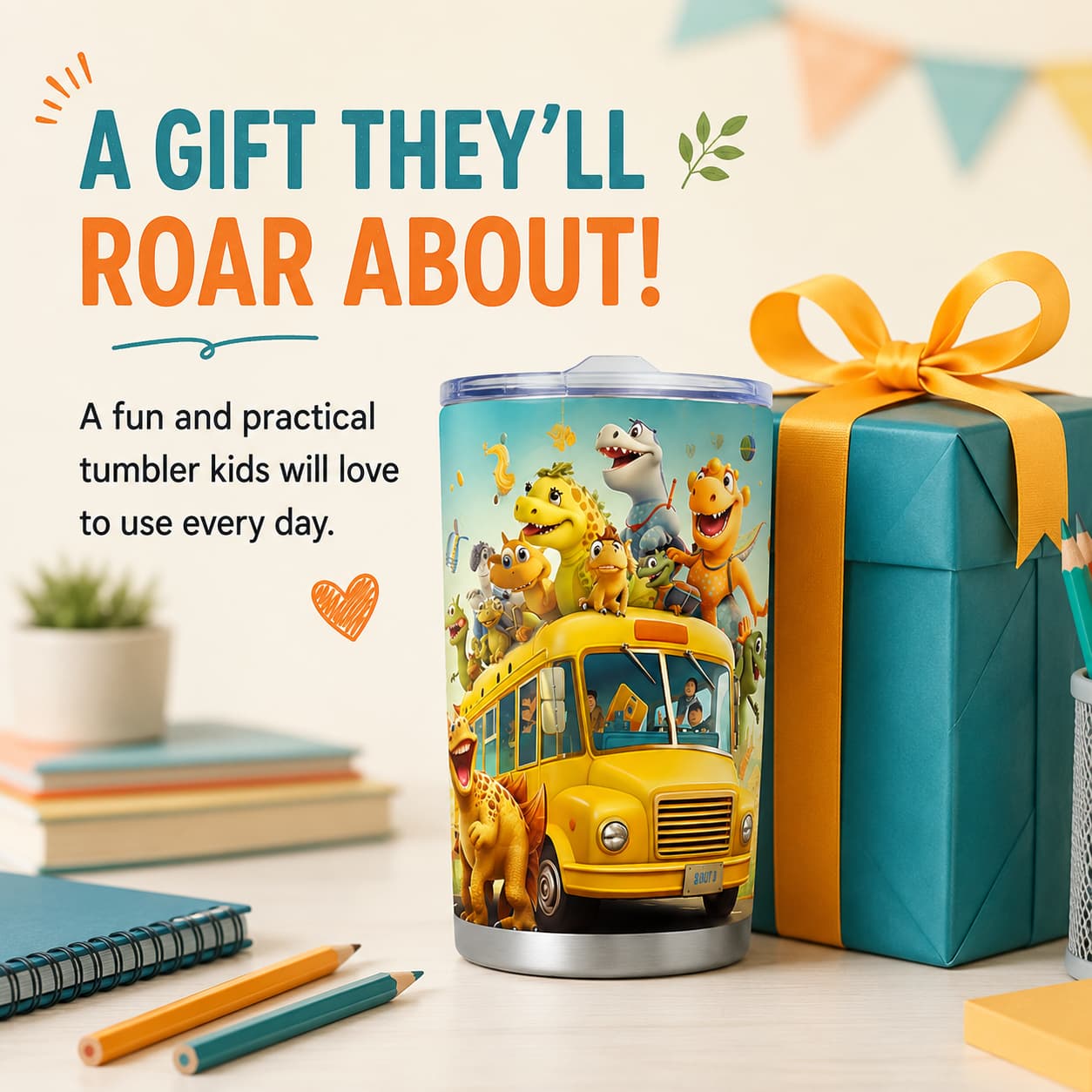 Dinosaur School Bus Stainless Steel Tumbler with Lid, Kids Back-to-School Cup