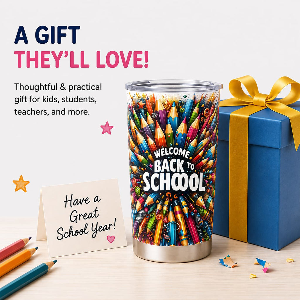 Welcome Back to School Stainless Steel Tumbler with Lid, Colorful Pencil Print
