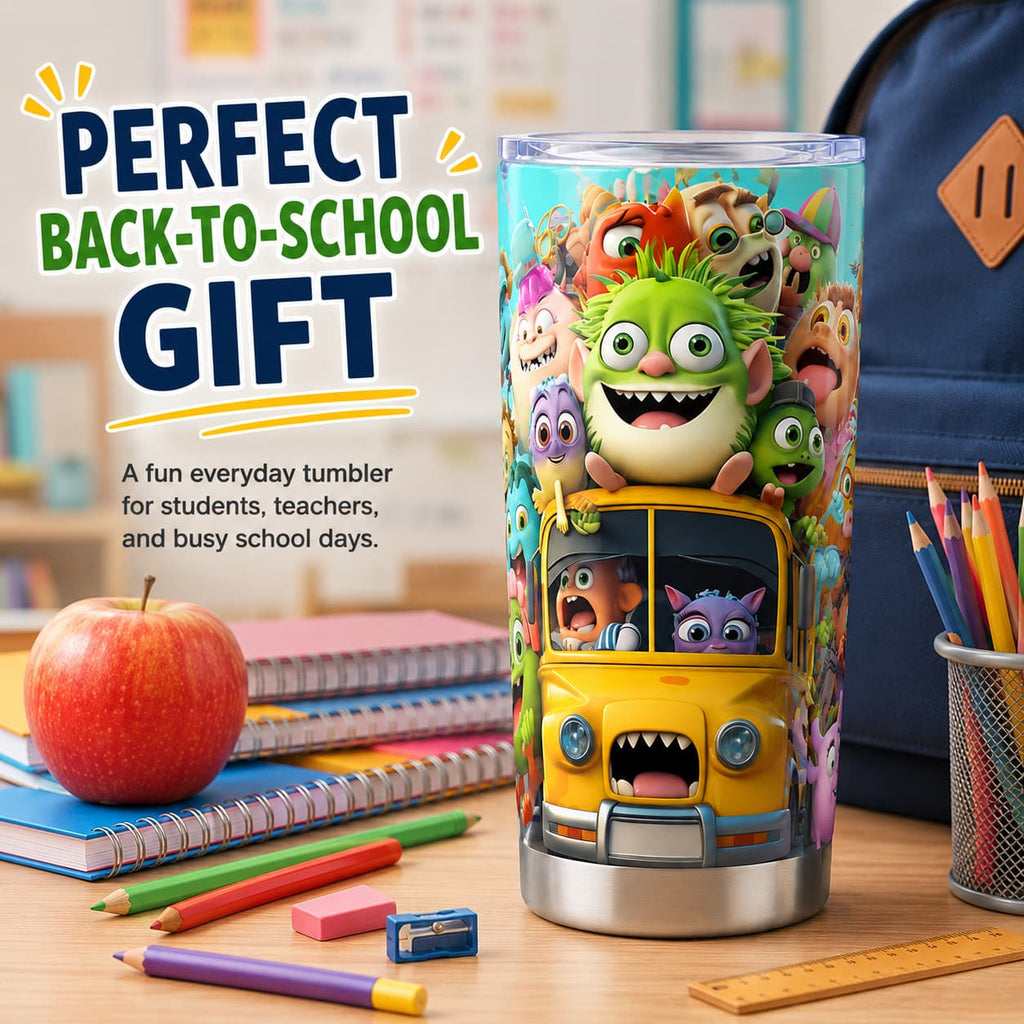 Kids Stainless Steel Tumbler with Colorful Monster School Bus Print, Back-to-School Cup