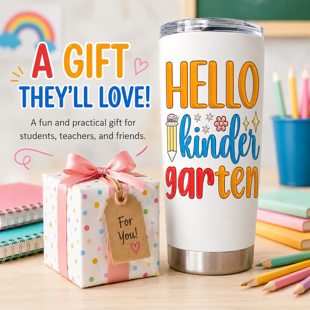 Hello Kindergarten 20 oz Stainless Steel Tumbler with Lid, Pencil & Floral School Print