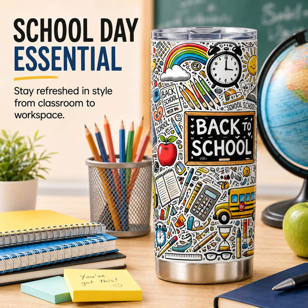 Back-to-School Doodle Tumbler, Insulated Stainless Steel Travel Cup for Teachers & Students