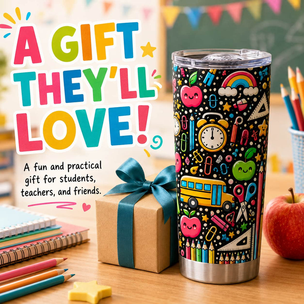 Colorful Back-to-School Stainless Steel Tumbler with Lid, Composition Book & School Supplies Print