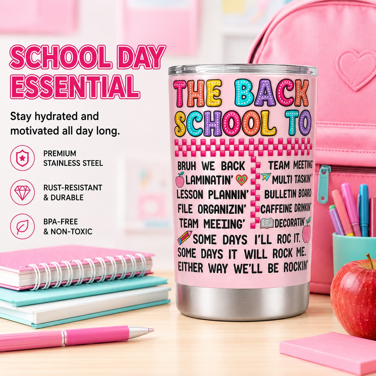 Back-to-School Teacher Tumbler, Pink Insulated Stainless Steel Travel Cup