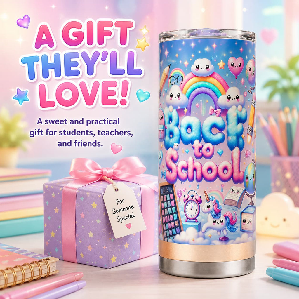 Kawaii Back-to-School Stainless Steel Tumbler with Lid, Rainbow Cloud & School Supplies Print