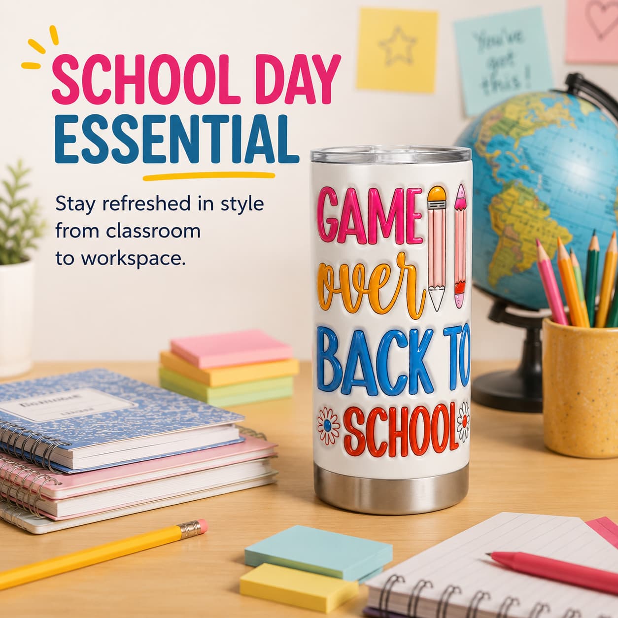 Game Over Back-to-School Tumbler, Insulated Stainless Steel Travel Cup for Teachers & Students