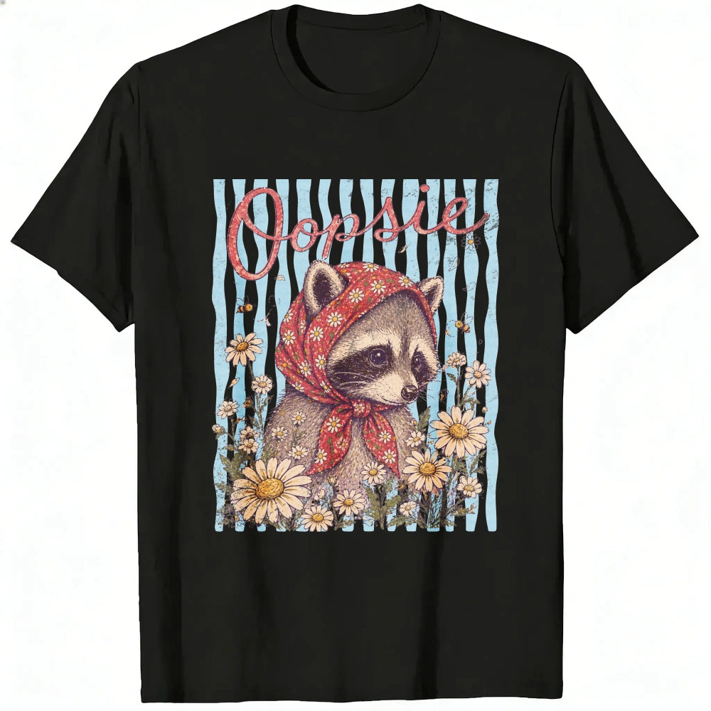 Vintage Style Classic T-Shirt Oopsie Raccoon With Red Bandana And Daisy Flowers