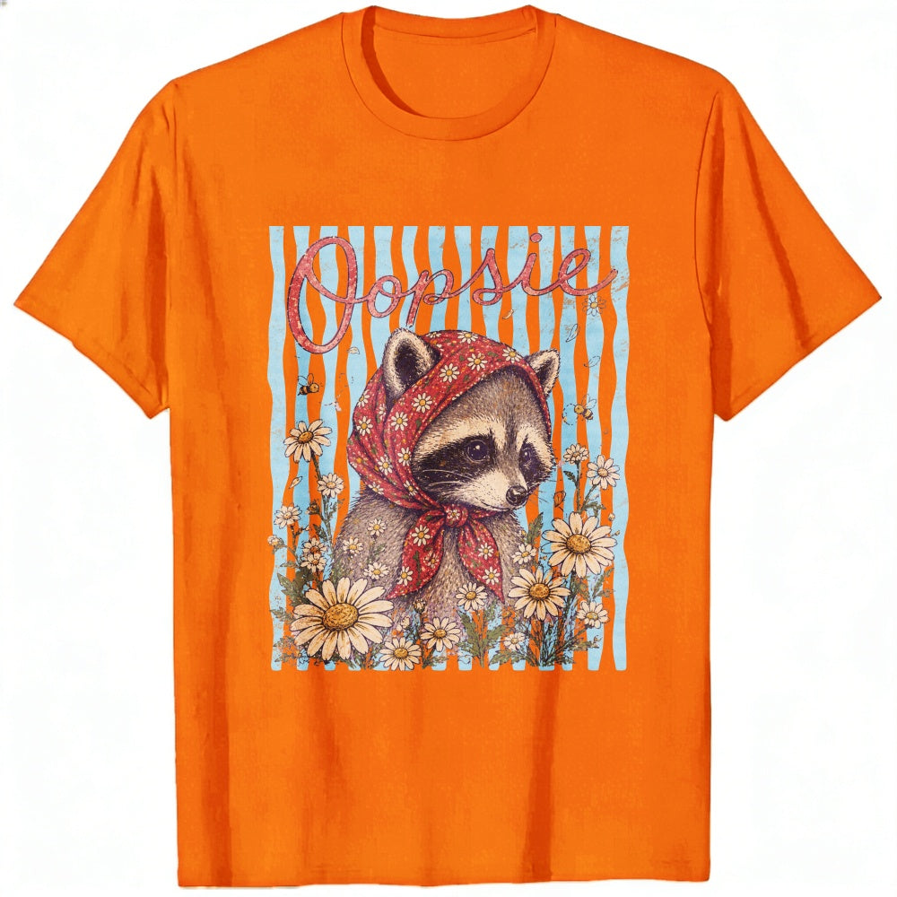 Vintage Style Classic T-Shirt Oopsie Raccoon With Red Bandana And Daisy Flowers
