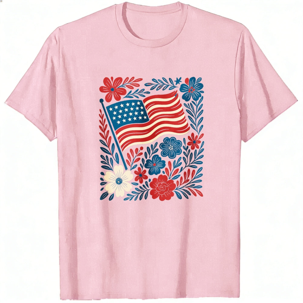 Patriotic Floral Design Classic T-Shirt American Flag And Flowers