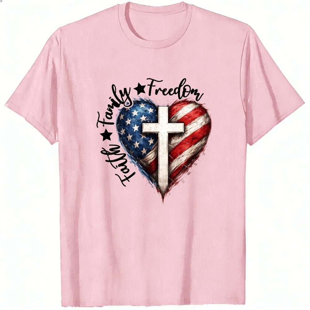 Patriotic Heart With Cross And American Flag Classic T-Shirt Family Freedom