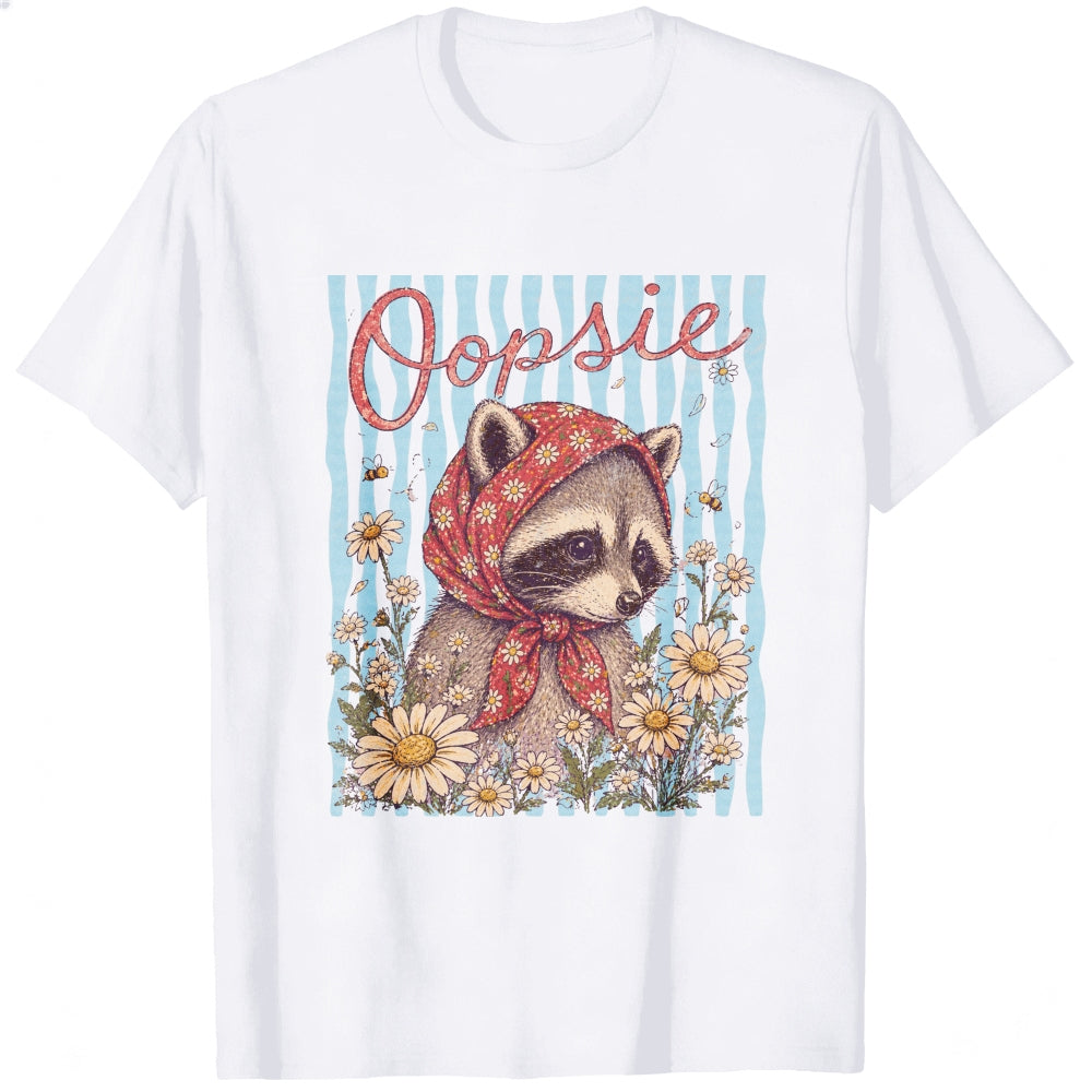 Vintage Style Classic T-Shirt Oopsie Raccoon With Red Bandana And Daisy Flowers
